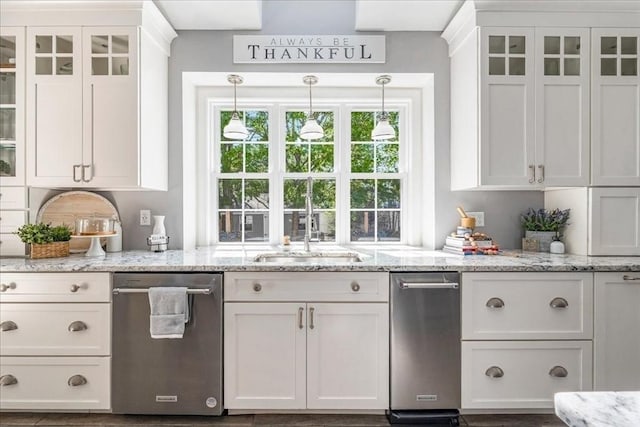 33 Freeman Dr, Plymouth, MA 02360 - kitchen featuring dishwasher, white cabinets, a sink, and light stone countertops