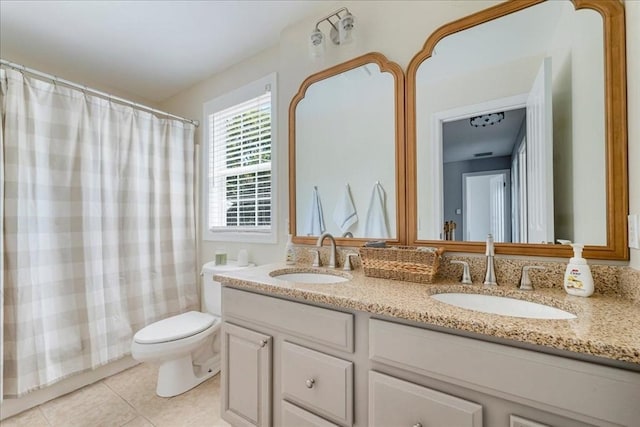 33 Freeman Dr, Plymouth, MA 02360 - full bath with double vanity, tile patterned flooring, curtained shower, and toilet