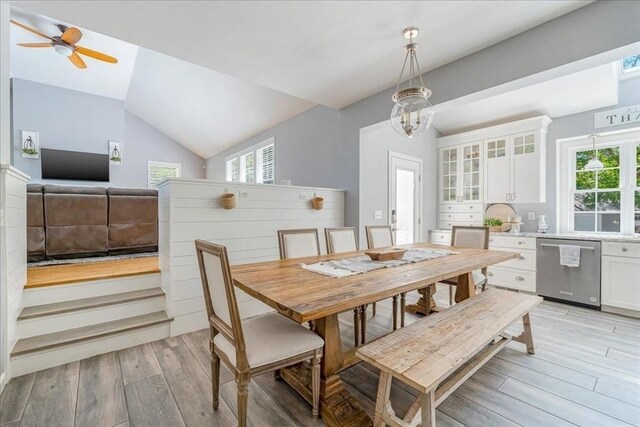 33 Freeman Dr, Plymouth, MA 02360 - dining area with vaulted ceiling, light wood-style floors, plenty of natural light, and ceiling fan