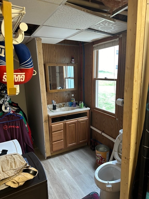 bathroom featuring a paneled ceiling, vanity, wood walls, hardwood / wood-style floors, and toilet