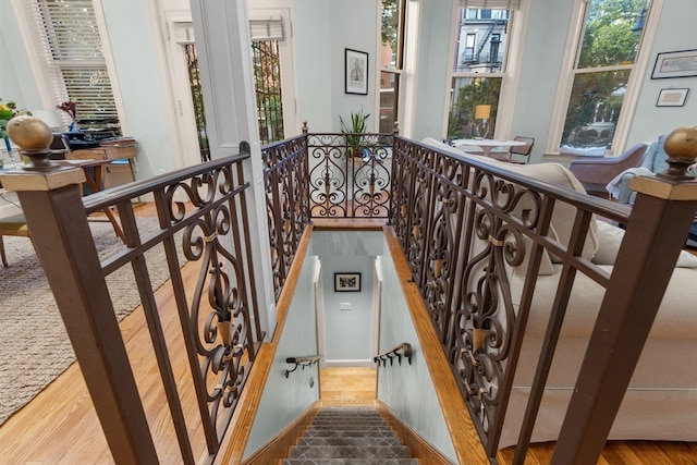 staircase with hardwood / wood-style floors