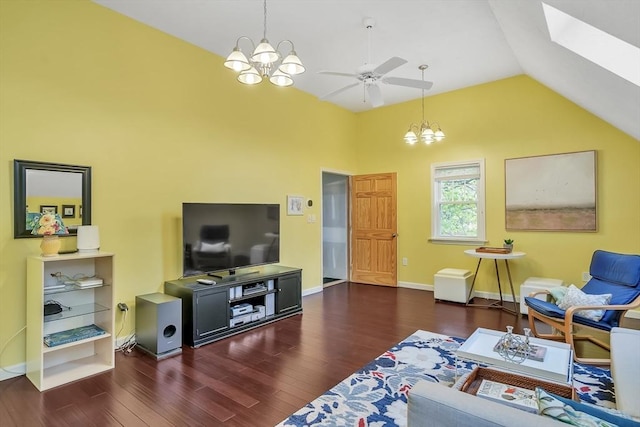 living room with a chandelier, wood finished floors, ceiling fan, baseboards, and high vaulted ceiling