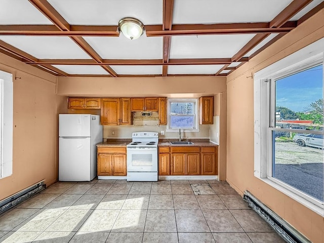 19 High St, Lynn, MA 01902 - kitchen with white appliances, coffered ceiling, brown cabinets, baseboard heating, and beamed ceiling
