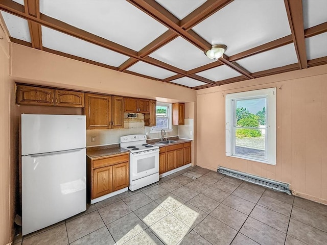 19 High St, Lynn, MA 01902 - kitchen with white appliances, coffered ceiling, baseboard heating, brown cabinets, and light tile patterned floors