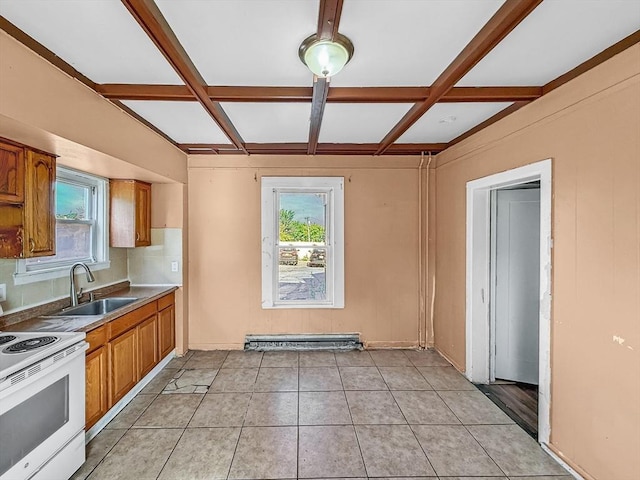 19 High St, Lynn, MA 01902 - kitchen featuring electric range, coffered ceiling, healthy amount of natural light, brown cabinets, and beamed ceiling