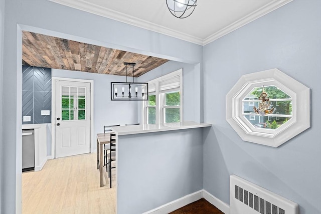 181 Manchester St, Boston, MA 02126 - unfurnished dining area featuring radiator heating unit, a chandelier, light wood-type flooring, wood ceiling, and ornamental molding