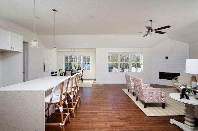 living room featuring dark wood-type flooring, ceiling fan, and a fireplace