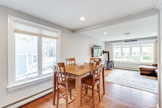 18 Tupelo, Harwich, MA 02645 - dining area with baseboard heating, a wood stove, light wood-type flooring, and recessed lighting