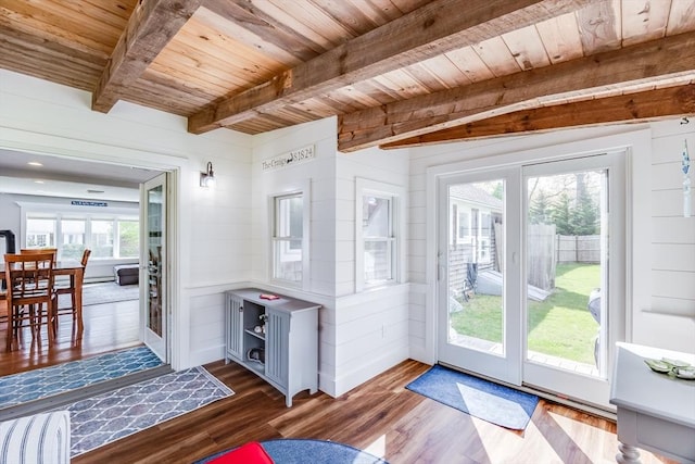 18 Tupelo, Harwich, MA 02645 - doorway to outside featuring wooden ceiling with exposed beams and wood finished floors