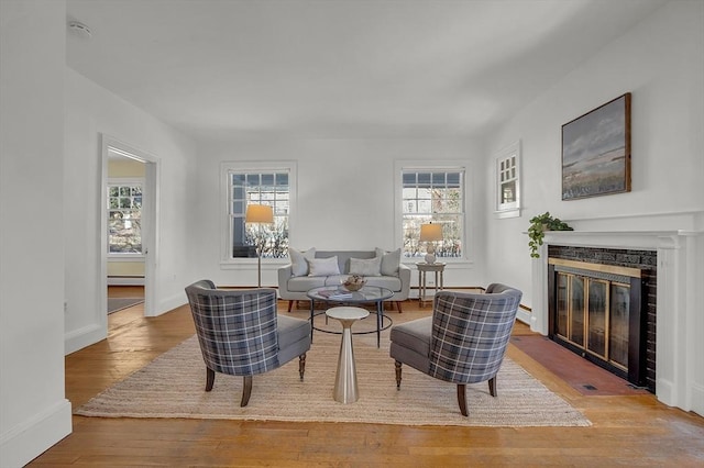 living room with a baseboard radiator and hardwood / wood-style flooring