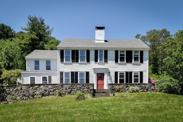 79 Nobscot Rd, Sudbury, MA 01776 - colonial inspired home featuring a chimney, a front lawn, and entry steps