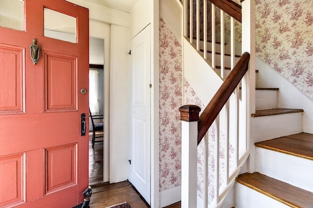79 Nobscot Rd, Sudbury, MA 01776 - entrance foyer with wallpapered walls, dark wood finished floors, and stairs