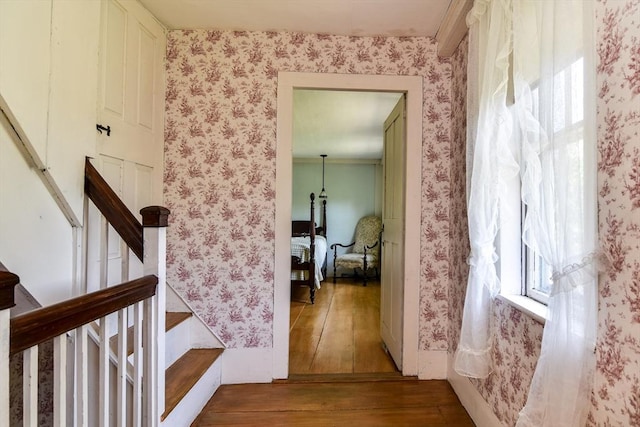 79 Nobscot Rd, Sudbury, MA 01776 - stairs with hardwood / wood-style floors and wallpapered walls