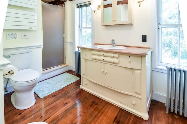 79 Nobscot Rd, Sudbury, MA 01776 - bathroom with radiator, wood finished floors, vanity, toilet, and a shower with shower door
