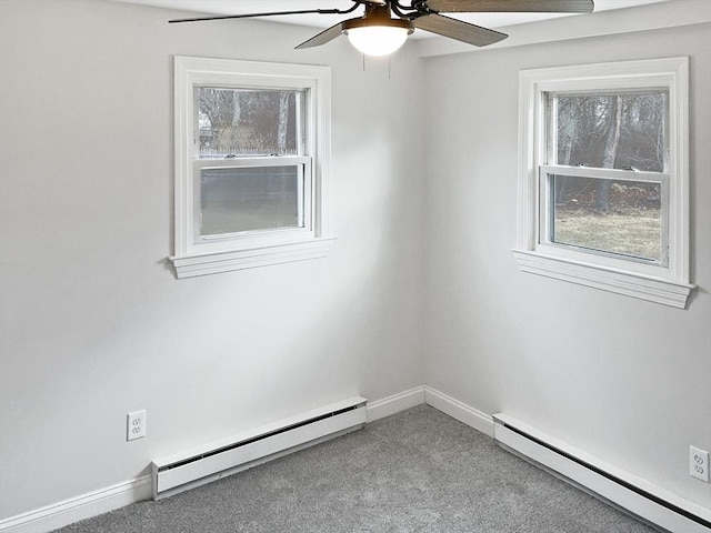 spare room with carpet floors, baseboard heating, and ceiling fan