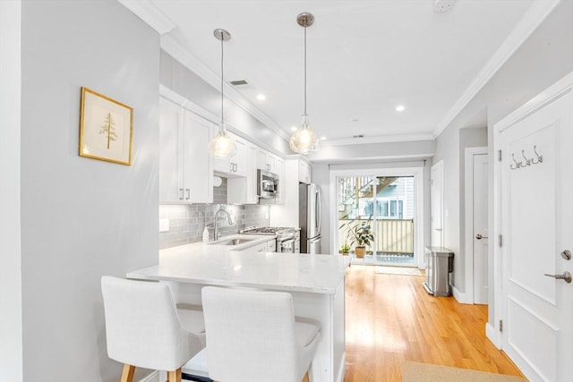 37-39 Lamson St Unit 2, Boston, MA 02128 - kitchen featuring stainless steel appliances, a sink, ornamental molding, light countertops, and decorative backsplash