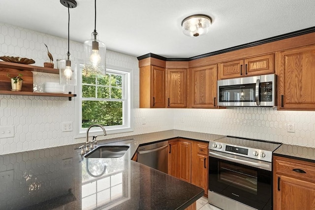 147 Mort Vining Rd, Southwick, MA 01077 - kitchen featuring stainless steel appliances, brown cabinetry, backsplash, pendant lighting, and open shelves