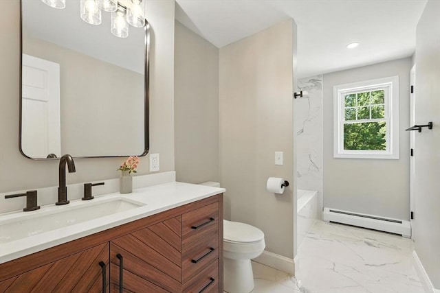 147 Mort Vining Rd, Southwick, MA 01077 - bathroom with baseboard heating, marble finish floors, vanity, shower / tub combination, and recessed lighting