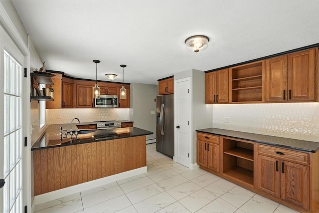 147 Mort Vining Rd, Southwick, MA 01077 - kitchen with open shelves, appliances with stainless steel finishes, light marble finish floors, and dark countertops