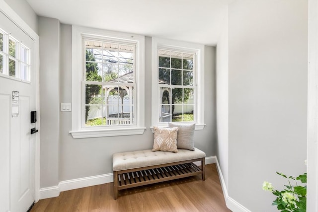living area featuring baseboards and wood finished floors