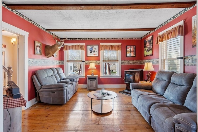 living room featuring plenty of natural light, a wood stove, and hardwood / wood-style flooring