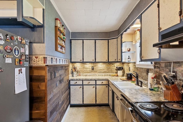 kitchen with appliances with stainless steel finishes, open shelves, a sink, light countertops, and under cabinet range hood