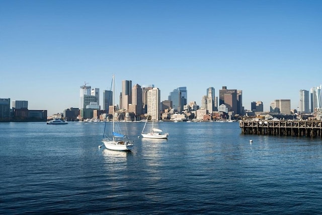 water view with a boat dock and a view of city