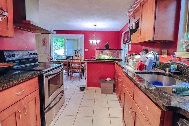 2 Altavesta Cir Unit A, Woburn, MA 01801 - kitchen with stainless steel electric range oven, wall chimney exhaust hood, a sink, light tile patterned floors, and brown cabinetry
