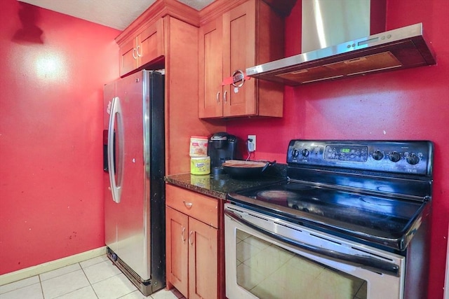 2 Altavesta Cir Unit A, Woburn, MA 01801 - kitchen featuring stainless steel appliances, wall chimney range hood, brown cabinets, and light tile patterned floors