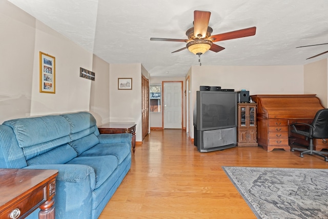 living area with ceiling fan and light wood-type flooring
