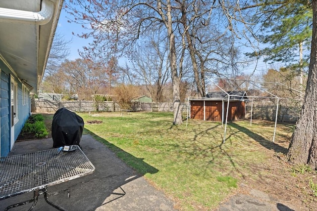 view of yard with a fenced backyard, an outbuilding, a patio area, and a storage shed