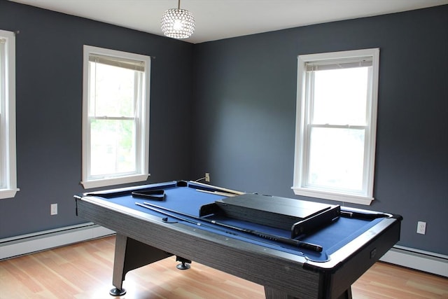 34-36 Glenallen St, Winchendon, MA 01475 - playroom featuring pool table, baseboard heating, healthy amount of natural light, and light wood-style flooring