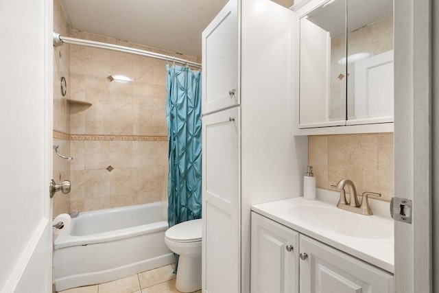 17 Chandler Rd, Malden, MA 02148 - full bathroom with shower / bath combination with curtain, toilet, tile patterned flooring, vanity, and decorative backsplash
