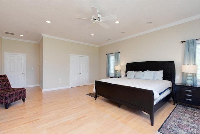 bedroom with recessed lighting, ceiling fan, visible vents, and light wood-type flooring