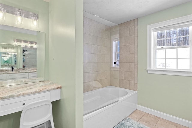 bathroom with vanity, baseboards, and tile patterned floors