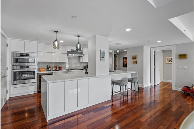 kitchen with stainless steel appliances, exhaust hood, pendant lighting, dark hardwood / wood-style floors, and white cabinetry