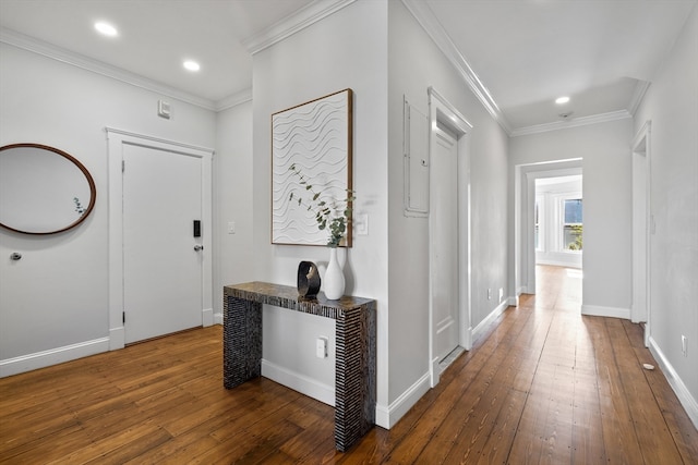 foyer featuring crown molding and dark wood-type flooring