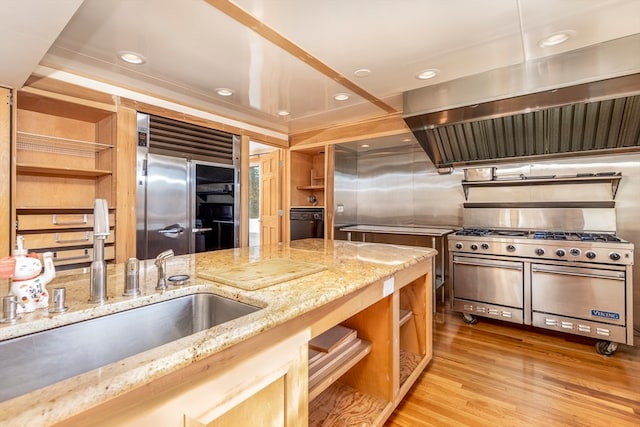 kitchen featuring light wood-type flooring, light stone counters, island range hood, sink, and high quality appliances