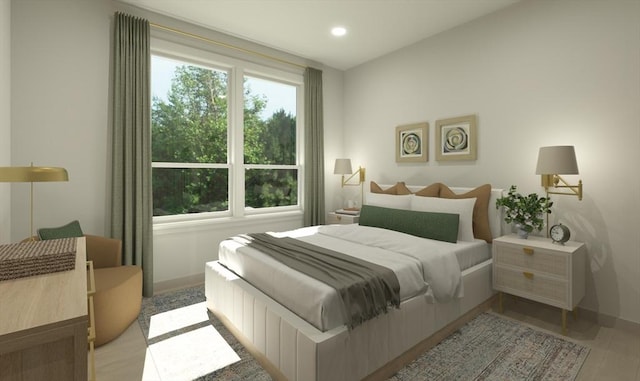 bedroom featuring light wood-style flooring, multiple windows, baseboards, and recessed lighting