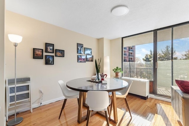 dining room with light hardwood / wood-style flooring and a textured ceiling