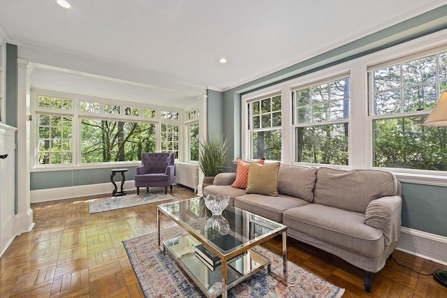 19 Ridge Rd, Newton, MA 02468 - living room featuring crown molding, baseboards, healthy amount of natural light, and recessed lighting