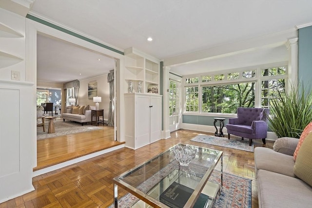 19 Ridge Rd, Newton, MA 02468 - living room featuring crown molding, baseboards, and recessed lighting