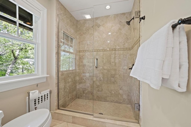 19 Ridge Rd, Newton, MA 02468 - full bathroom with radiator heating unit, a stall shower, and toilet