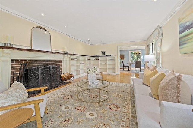 19 Ridge Rd, Newton, MA 02468 - living area featuring crown molding, a fireplace, wood finished floors, and built in shelves