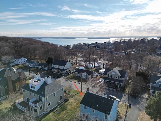 drone / aerial view featuring a water view