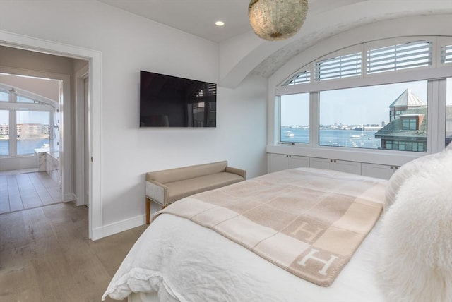 bedroom featuring multiple windows and light hardwood / wood-style flooring