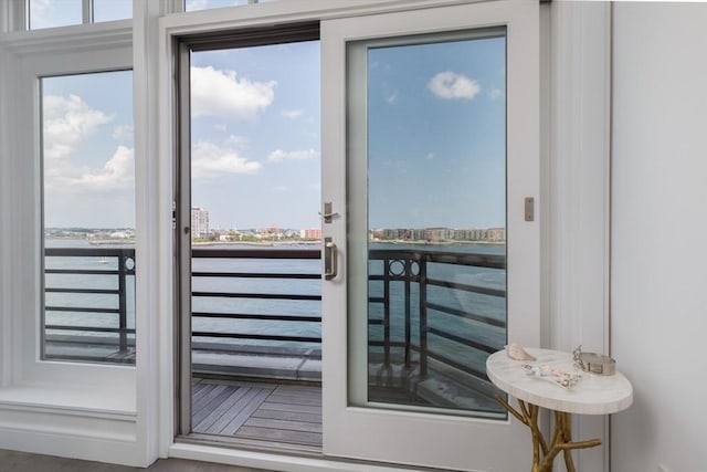 doorway to outside with a water view and a wealth of natural light