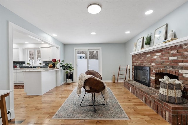 living room featuring plenty of natural light, a fireplace, and light wood finished floors