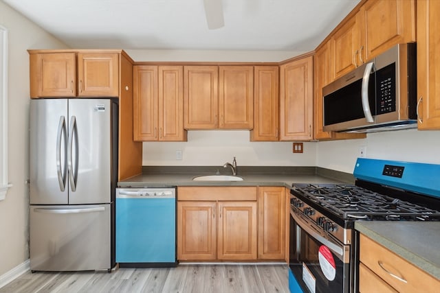 kitchen with light wood-type flooring, stainless steel appliances, and sink