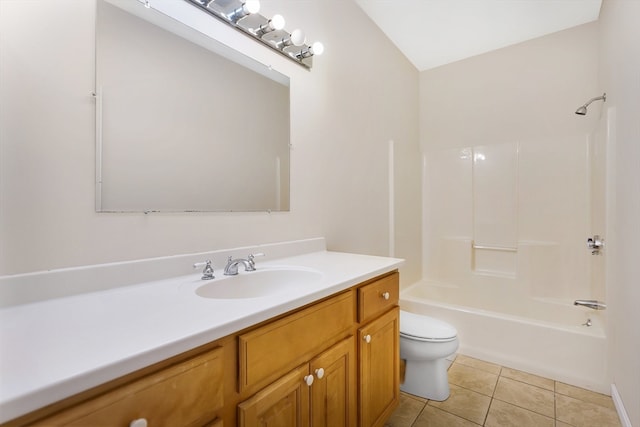 full bathroom with tile patterned flooring,  shower combination, vanity, and toilet